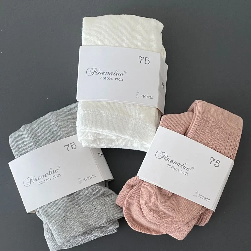 Set of 3 Kid’s Cotton Rich Tights White Gray Pink Cozy Stretch Well Gift NWT